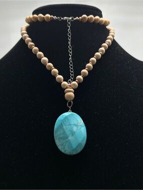Vintage, Wood Bead Long Necklace With Turquoise Stone Pendant